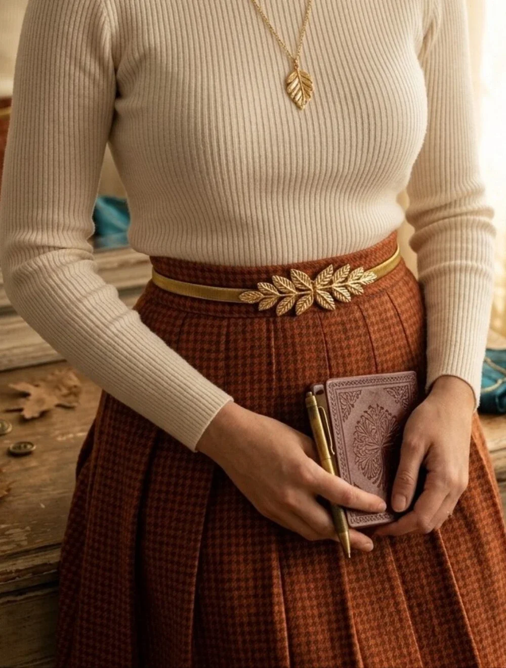 Vintage-Inspired Gold Tone Leaf Motif Elastic Waist Belt